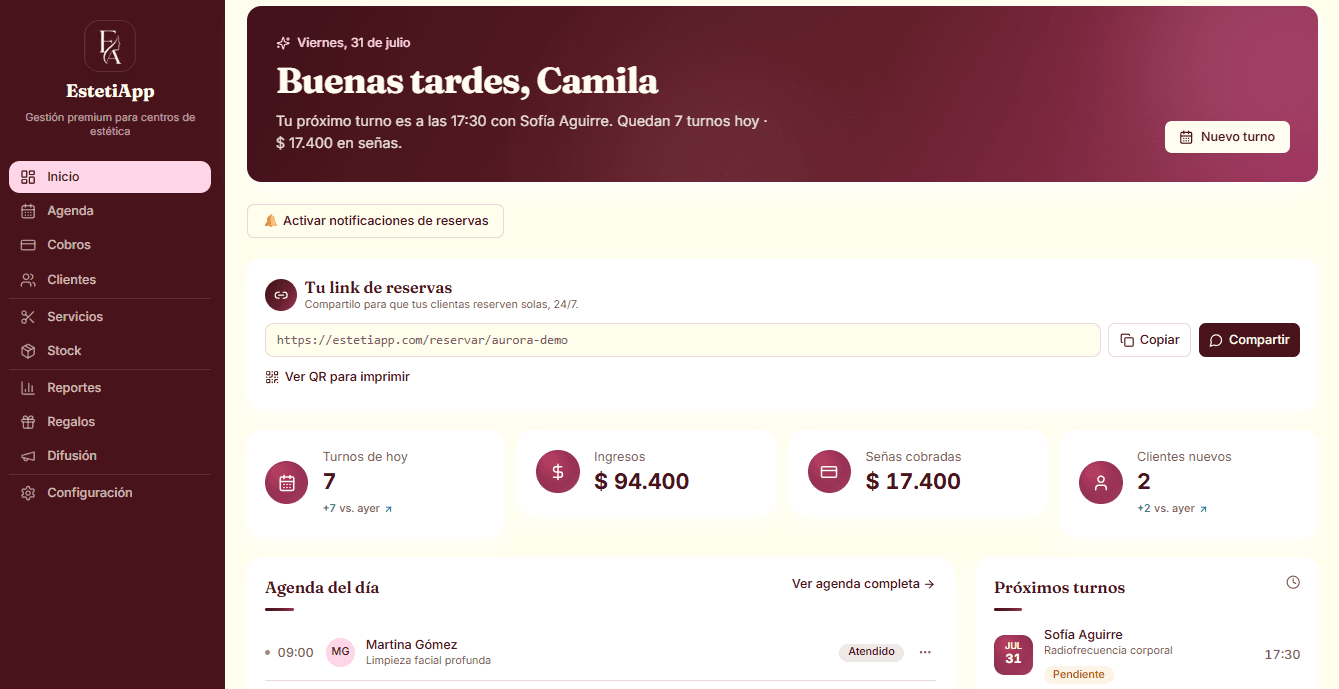 Panel de EstetiApp: agenda, cobros y pacientes